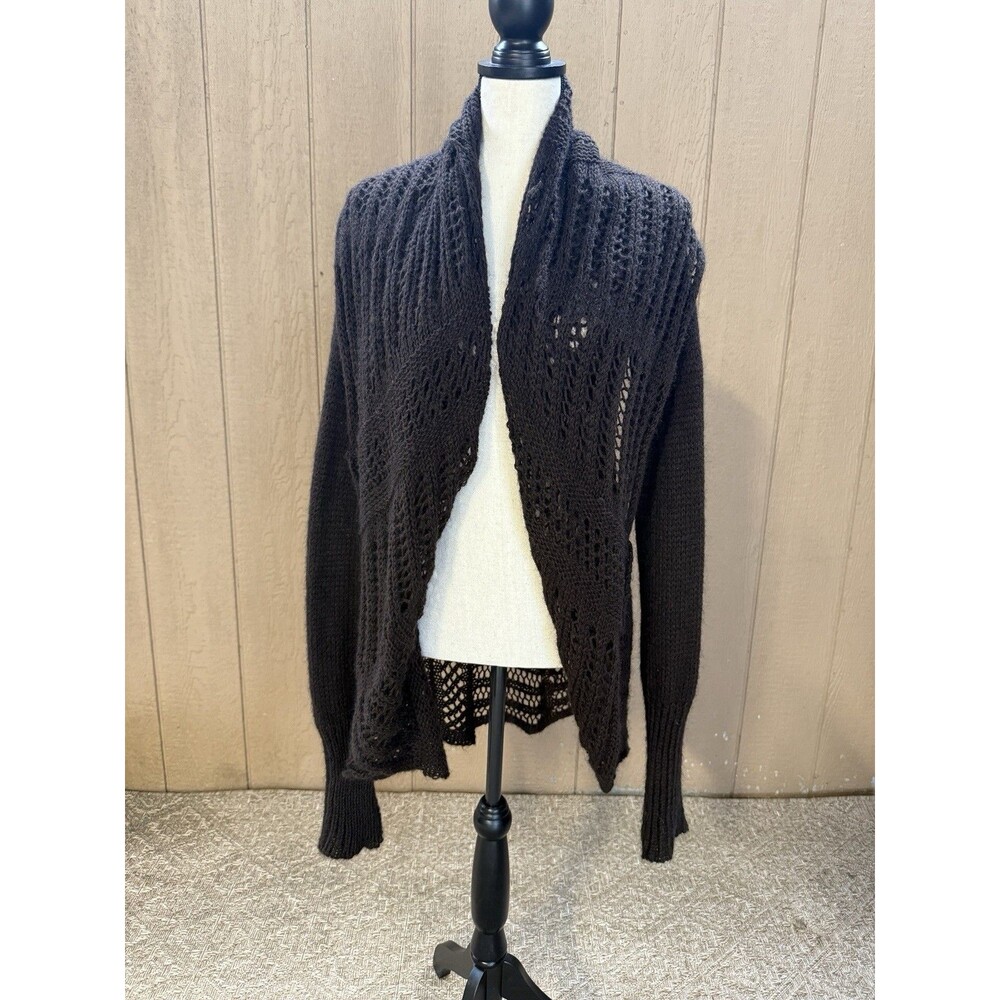 Helen Welsh One Size Chocolate Brown Mohair Wool Crochet Knit Open Cardigan